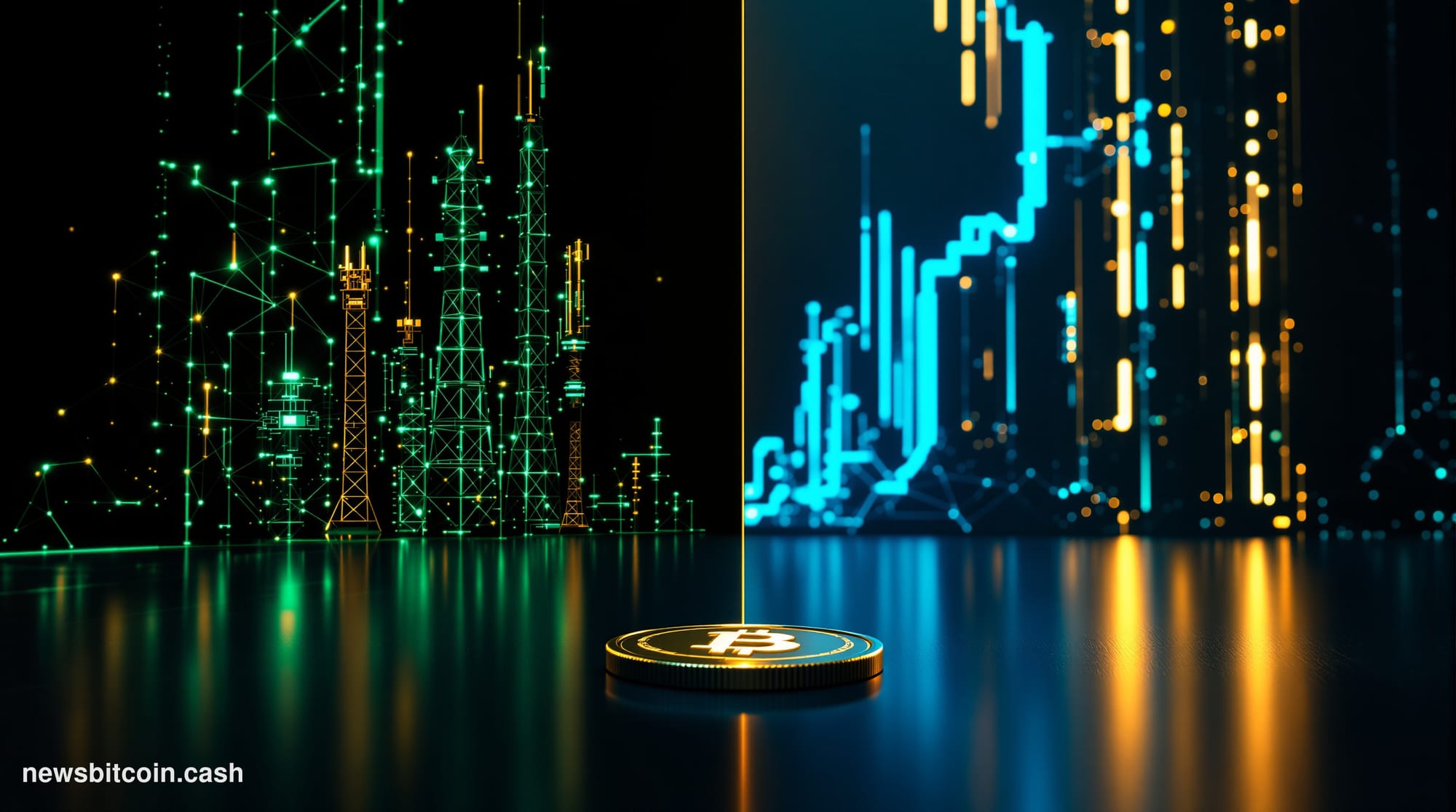Cinematic photorealistic editorial photograph of a dramatic split-scene composition: on the left, glowing green upward-trendi