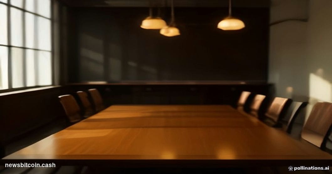 A cinematic photorealistic editorial photograph set in a corporate boardroom with warm amber overhead lighting casting dramat