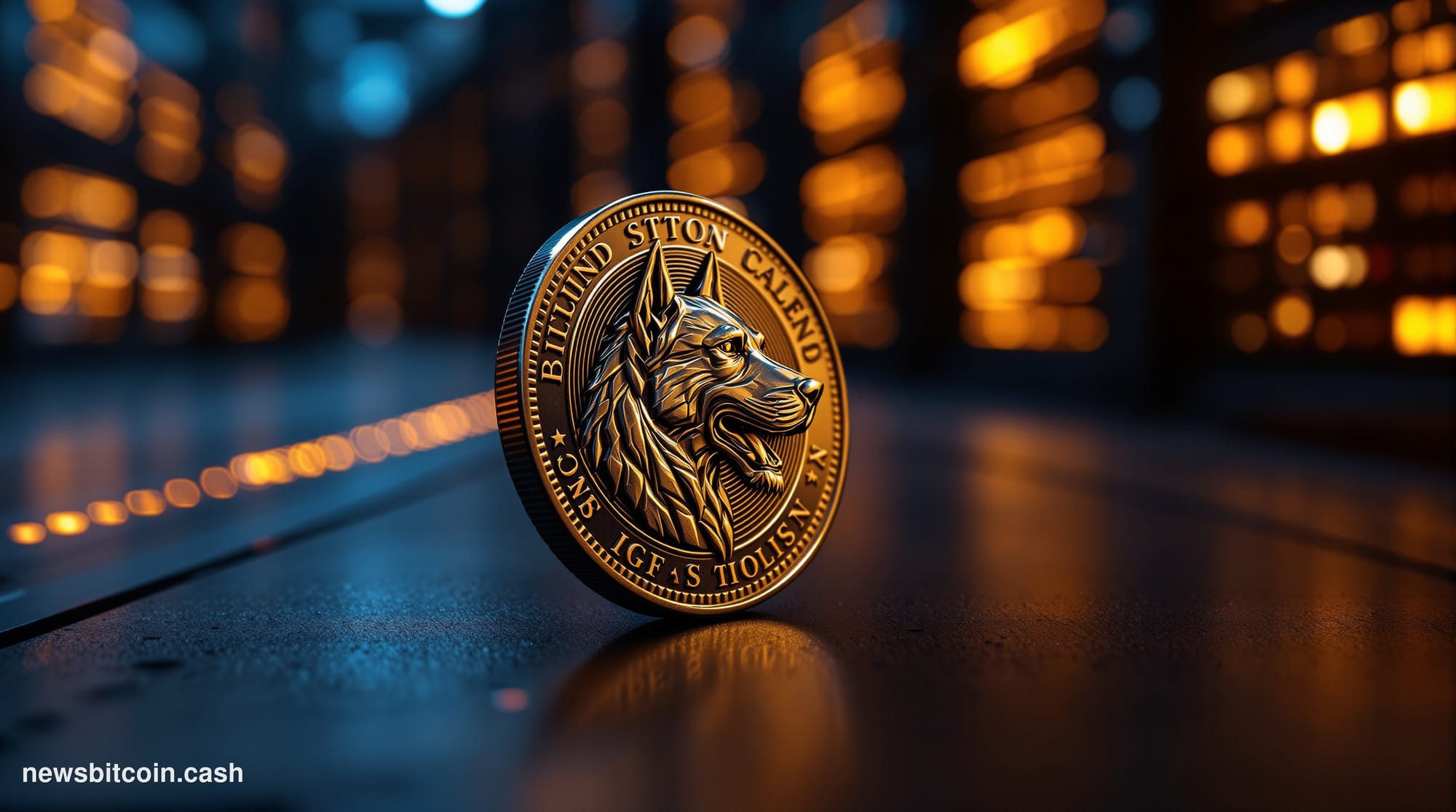 Cinematic photorealistic editorial photograph of a weathered Dogecoin physical coin resting on a dark matte server rack surfa