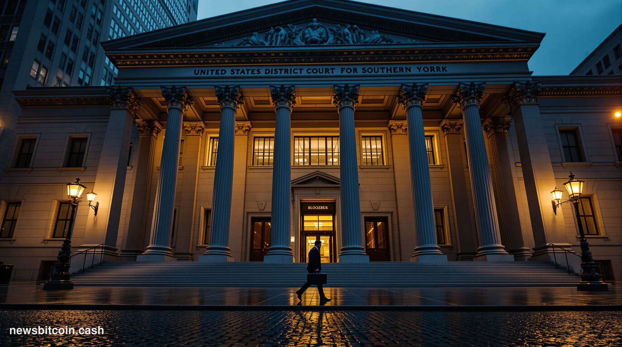 Cinematic photorealistic editorial photograph of the exterior of the United States District Court for the Southern District o