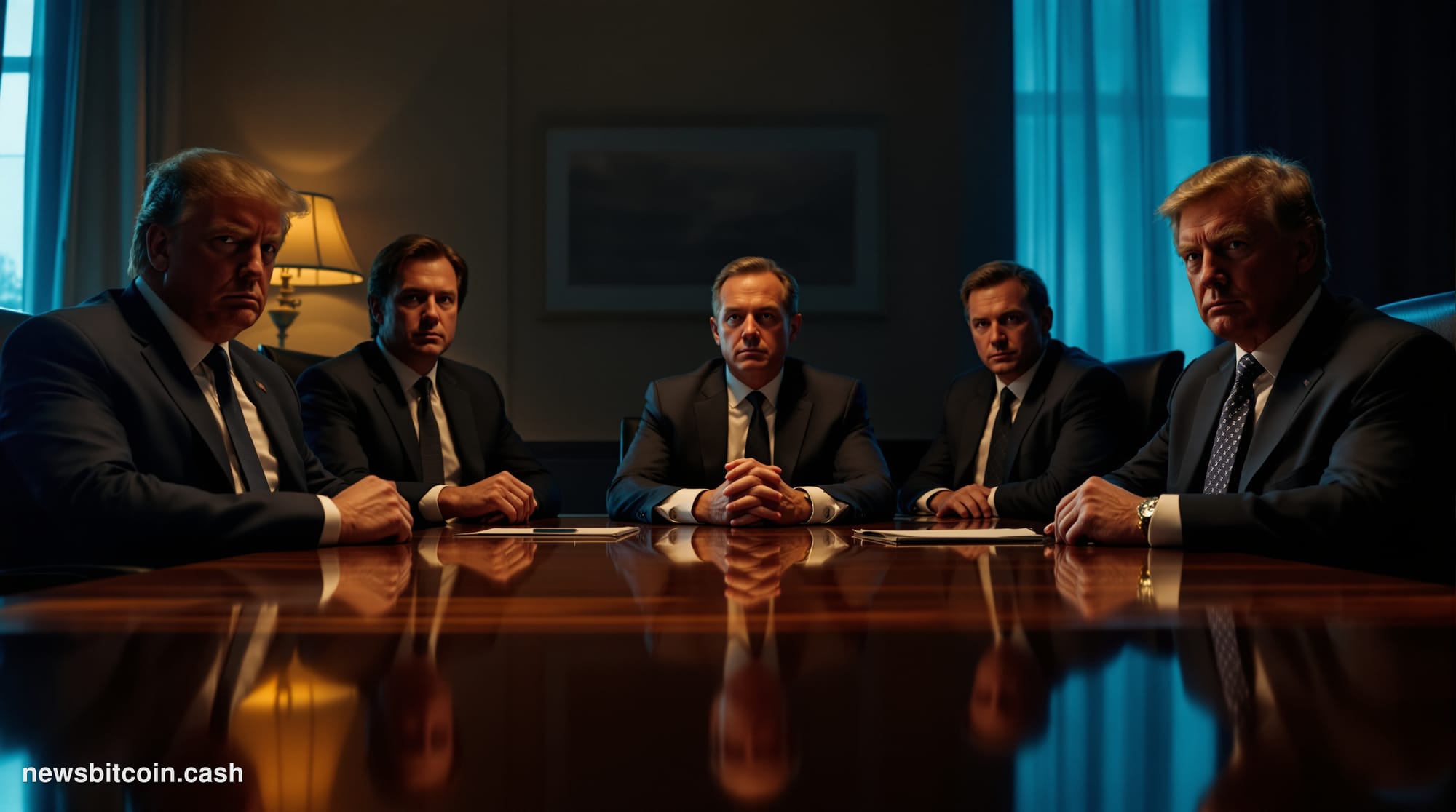 A cinematic photorealistic editorial photograph set inside a federal government legal chamber in Washington D.C., featuring t