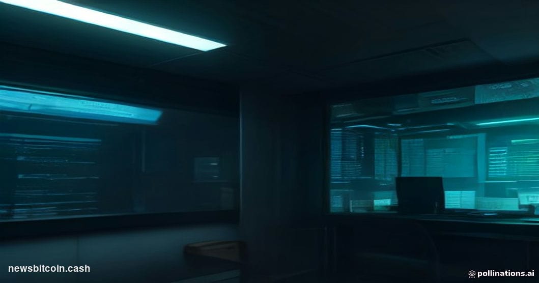 Cinematic photorealistic editorial photograph of a darkened server room bathed in cold blue and green light, with a foregroun