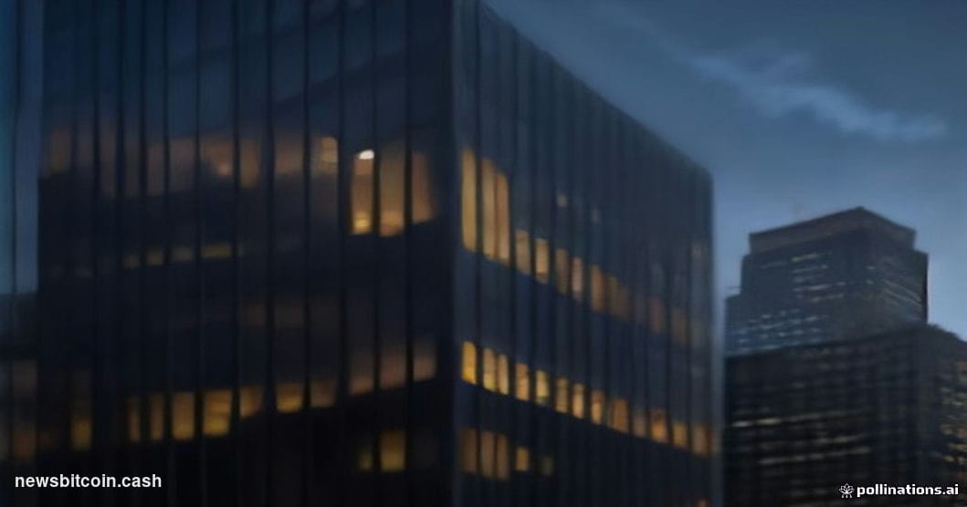A cinematic photorealistic editorial photograph of the DTCC's Lower Manhattan headquarters at dusk, shot from a low angle loo