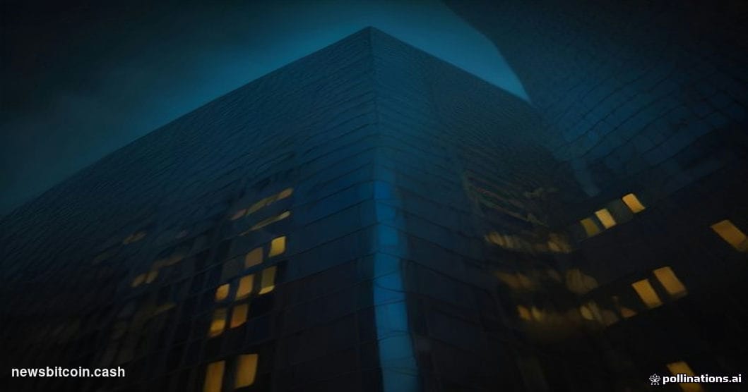 A dramatic low-angle shot of the DTCC headquarters building in lower Manhattan, New York City, at dusk with deep blue and amb