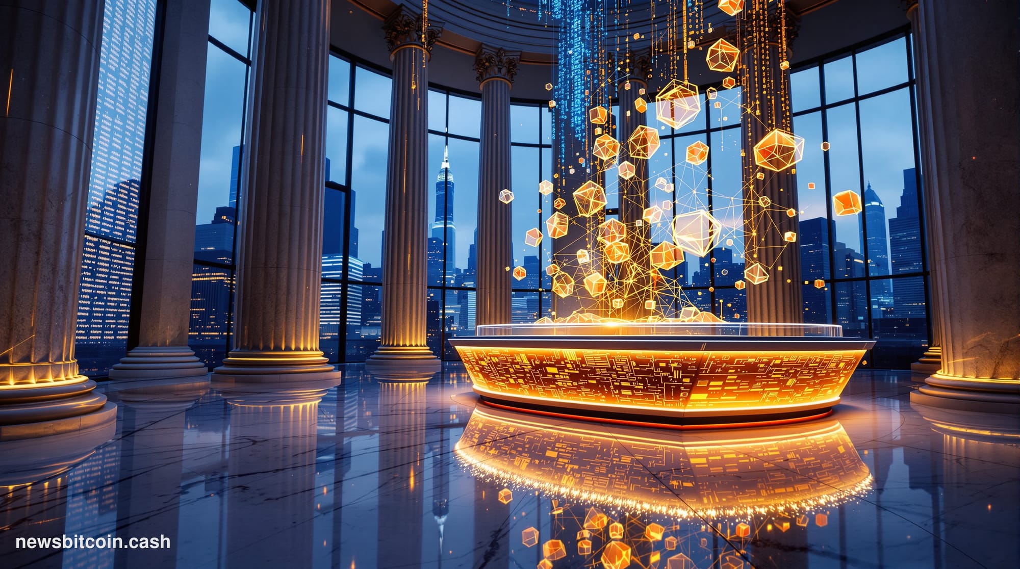 A cinematic photorealistic editorial photograph set inside a grand, marble-floored financial institution resembling the DTCC'