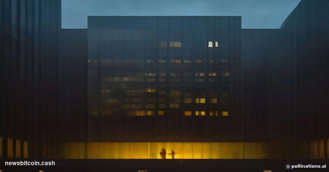 Cinematic photorealistic editorial photograph of the DTCC's Manhattan headquarters at dusk, shot from a low street-level angl