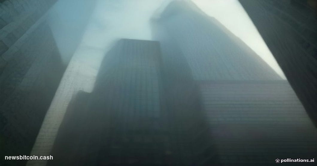 Cinematic photorealistic editorial photograph of the DTCC headquarters building in lower Manhattan, New York City, shot from 