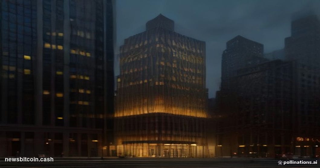 A cinematic photorealistic editorial photograph of the DTCC (Depository Trust & Clearing Corporation) headquarters building a