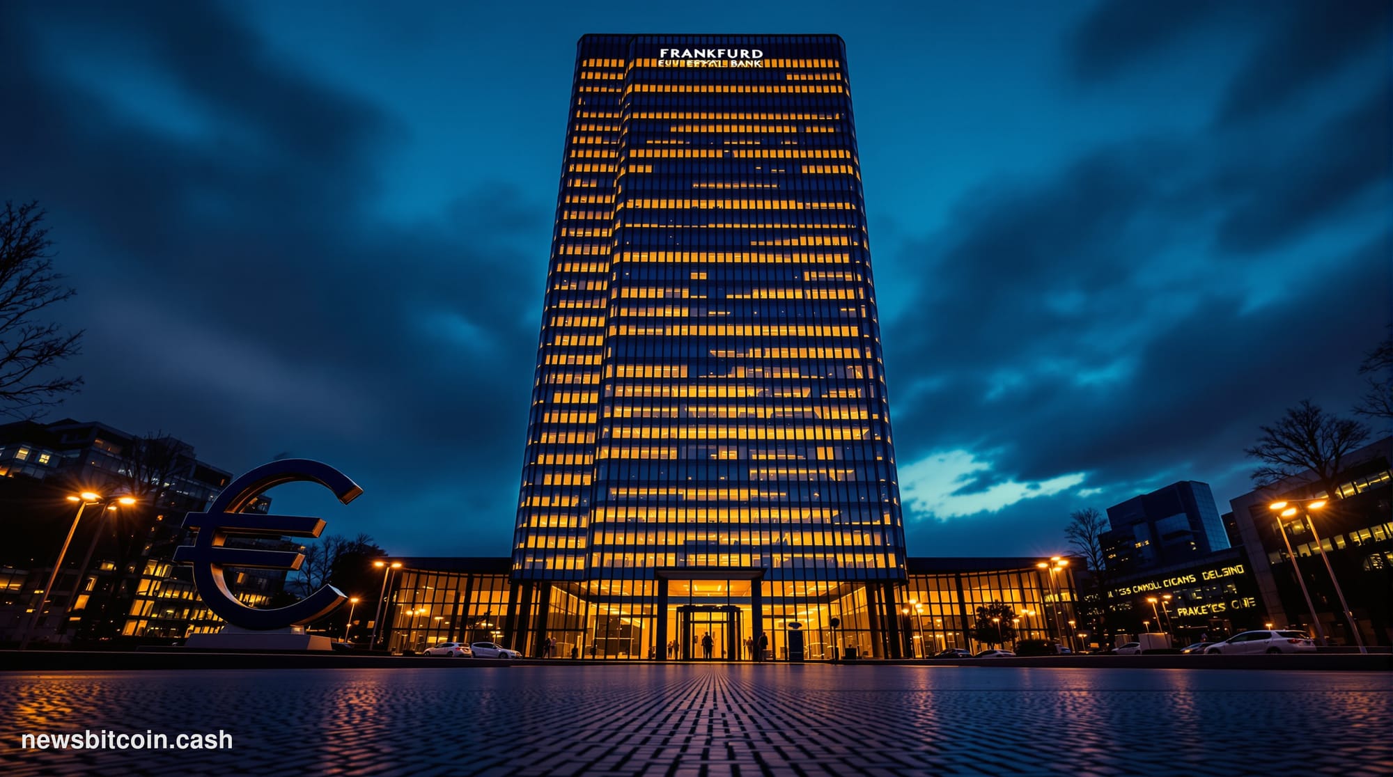 Cinematic photorealistic editorial photograph of the European Central Bank's iconic glass-and-steel tower headquarters in Fra