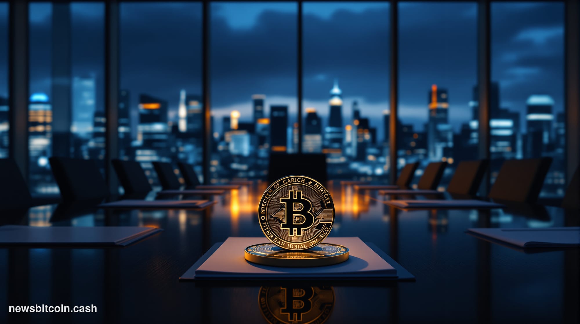 Cinematic photorealistic editorial photograph of a sleek, modern private equity boardroom at dusk, shot from a low angle look