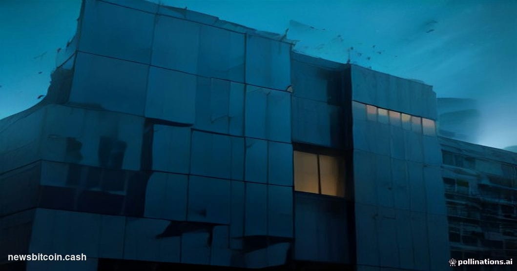 Cinematic photorealistic editorial photograph of the Binance headquarters building exterior at night, shot from a low angle l