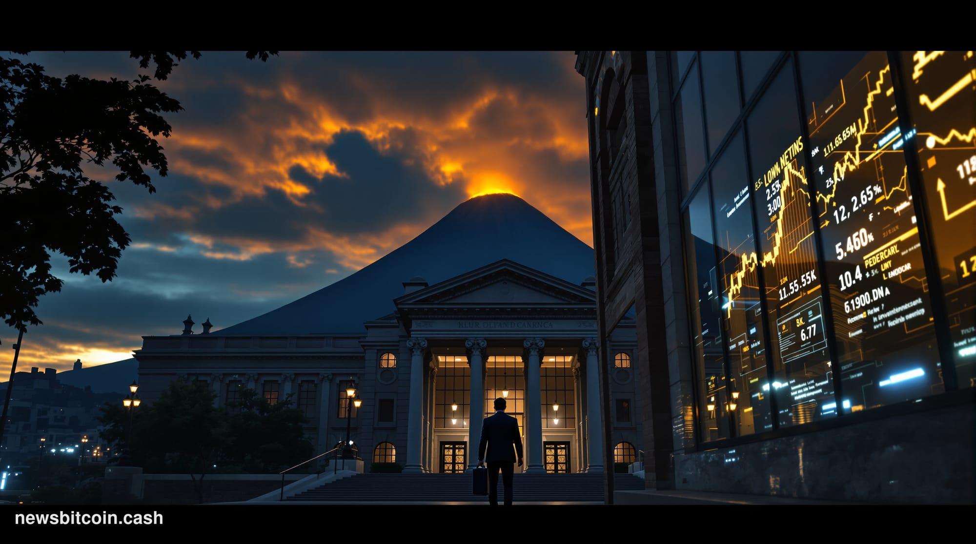 Cinematic photorealistic editorial photograph of the Salvadoran capital San José Escalón financial district at dusk, with the