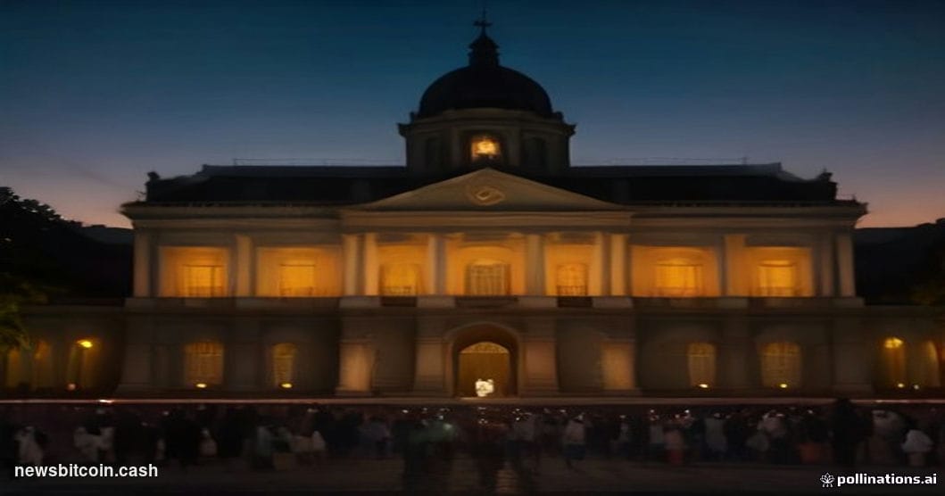 Cinematic photorealistic editorial photograph of El Salvador's National Palace in San Salvador at dusk, its ornate colonial f