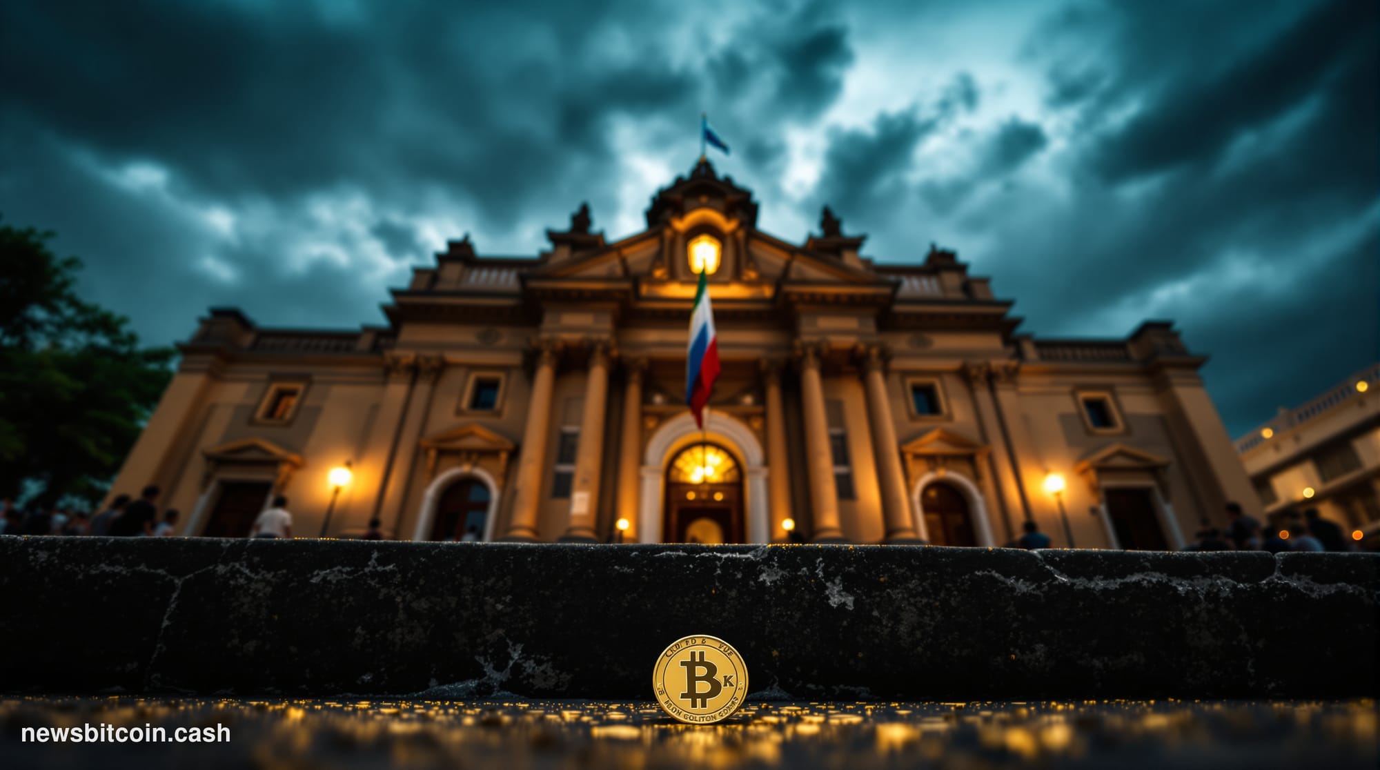 Cinematic photorealistic editorial photograph shot at ground level looking up at the Salvadoran National Palace in San Salvad