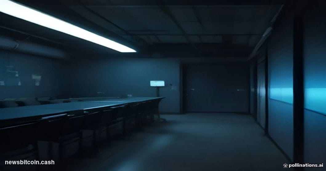 A cinematic photorealistic editorial photograph of a dimly lit server room bathed in cold blue light, with a single focused w