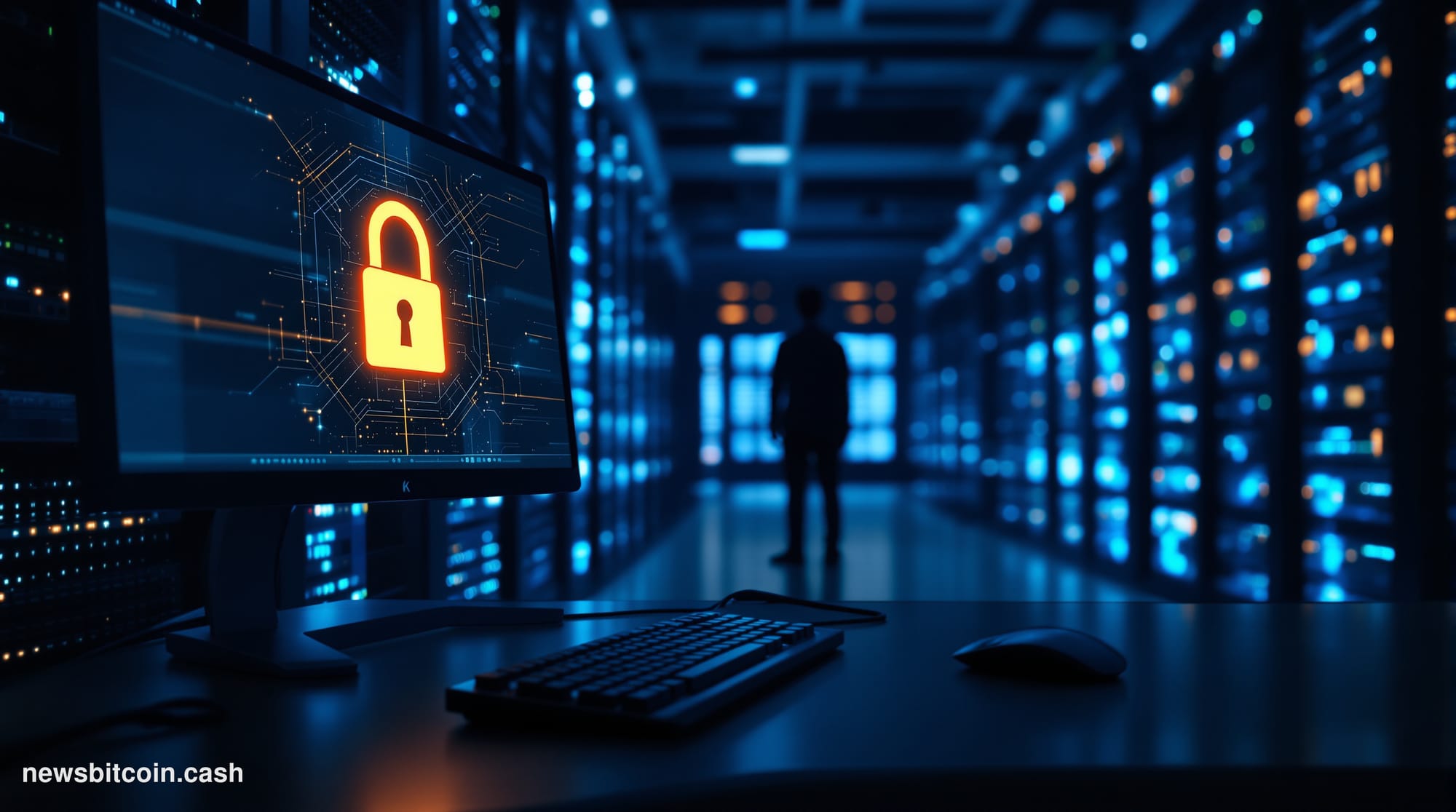 Cinematic photorealistic editorial photograph set in a darkened corporate server room, dramatically lit from the left by cold