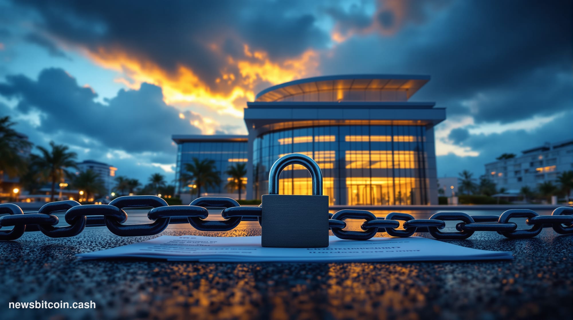 A cinematic photorealistic editorial photograph of a modern offshore bank building with frosted glass facades and security ba