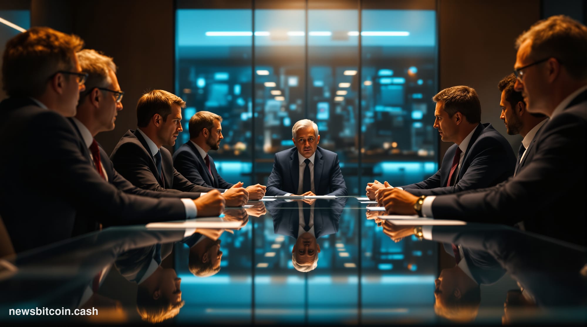 A cinematic photorealistic editorial photograph showing a modern glass-walled conference room during a tense boardroom meetin