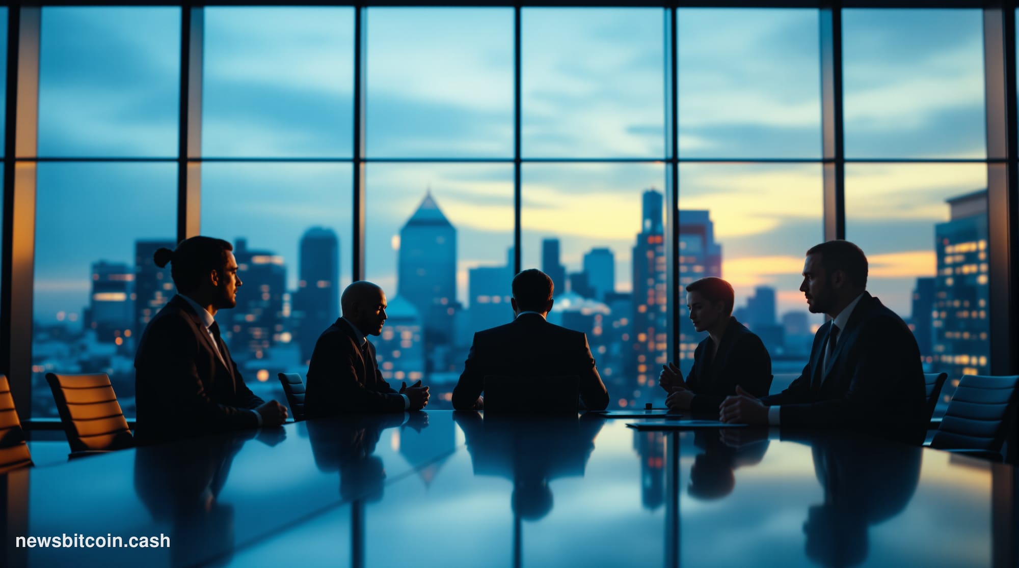 A cinematic photorealistic editorial photograph showing a modern glass-walled conference room during a tense boardroom meetin