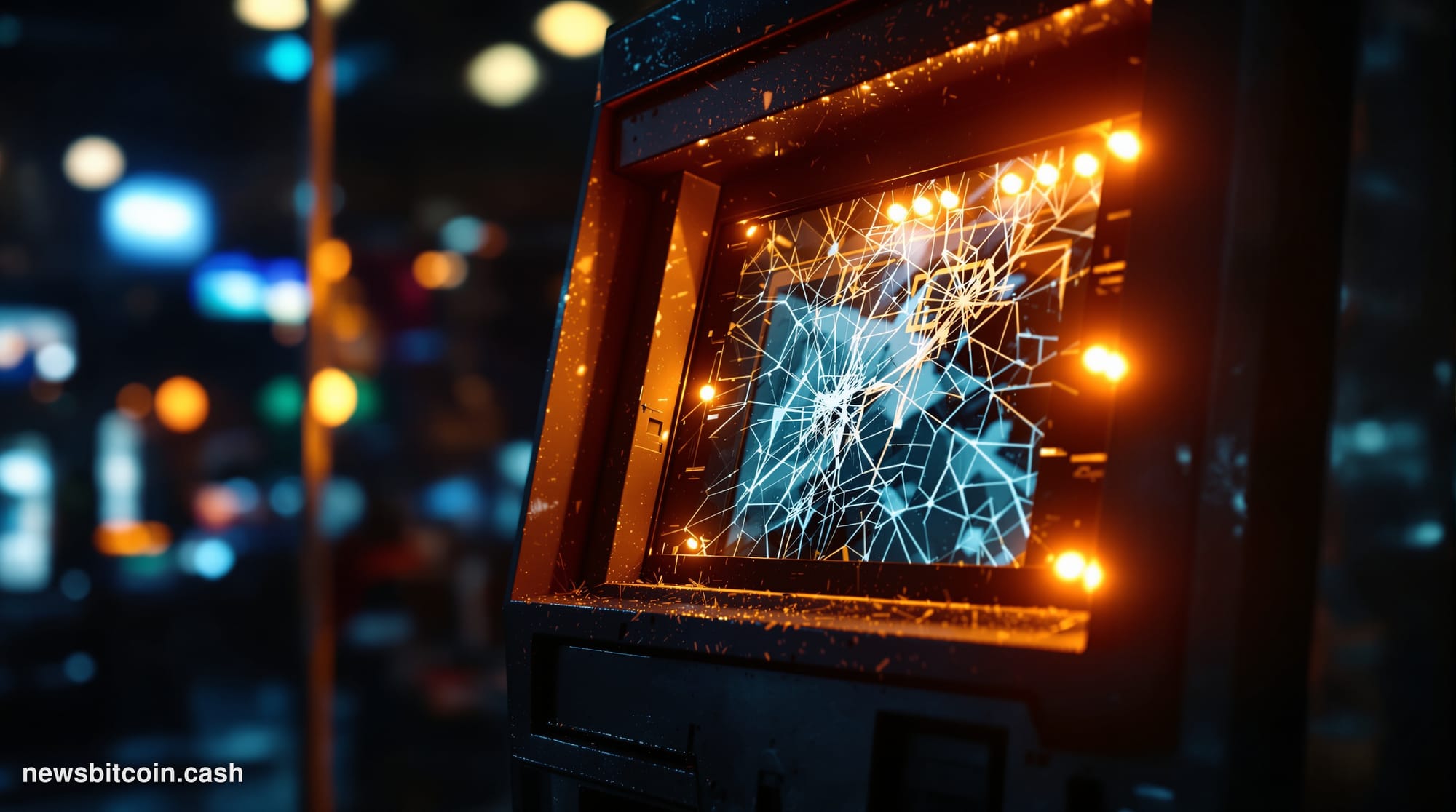 A cinematic photorealistic editorial photograph of a Bitcoin ATM kiosk in an empty convenience store or gas station, dramatic