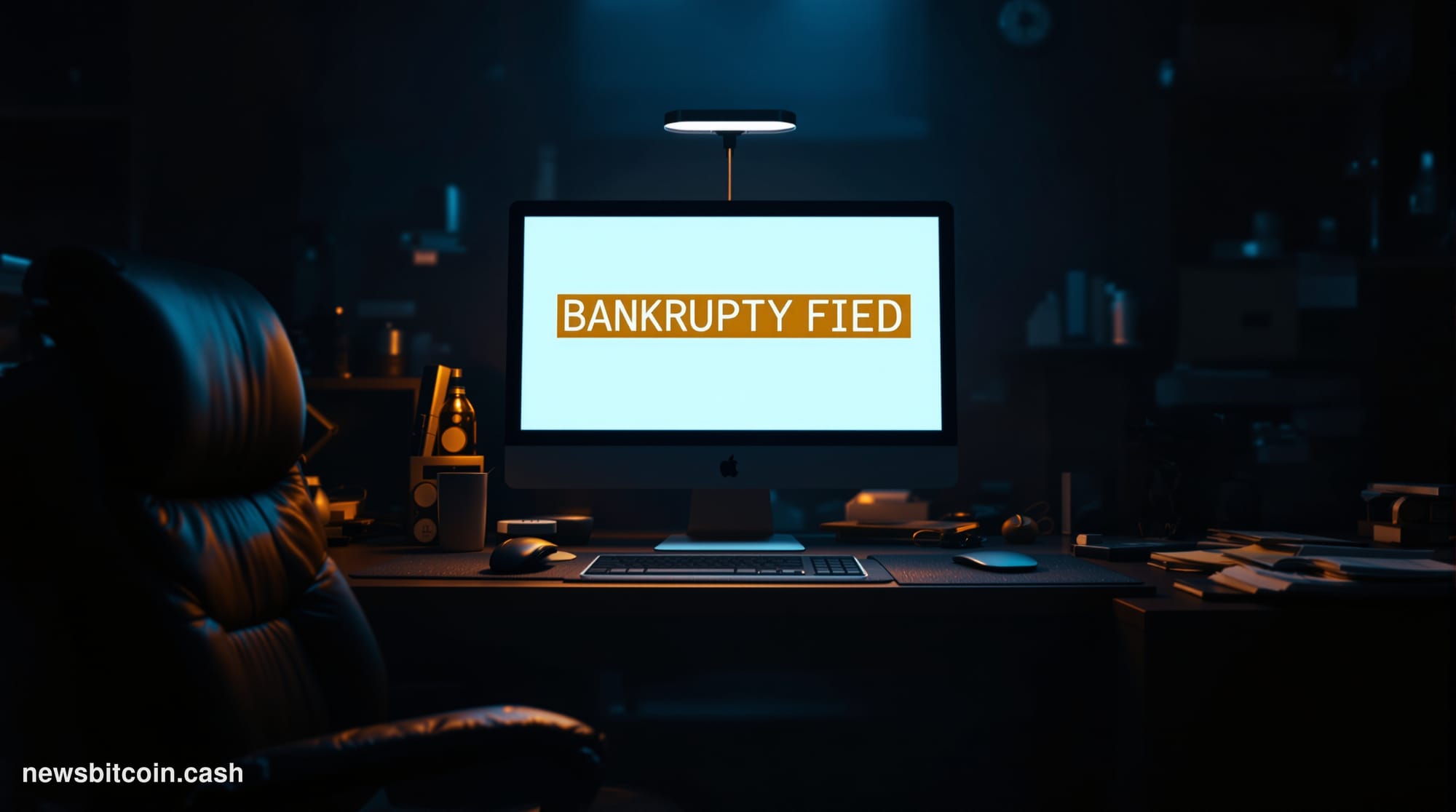 A cinematic photorealistic editorial photograph of a Bitcoin ATM kiosk in an empty convenience store or gas station, dramatic