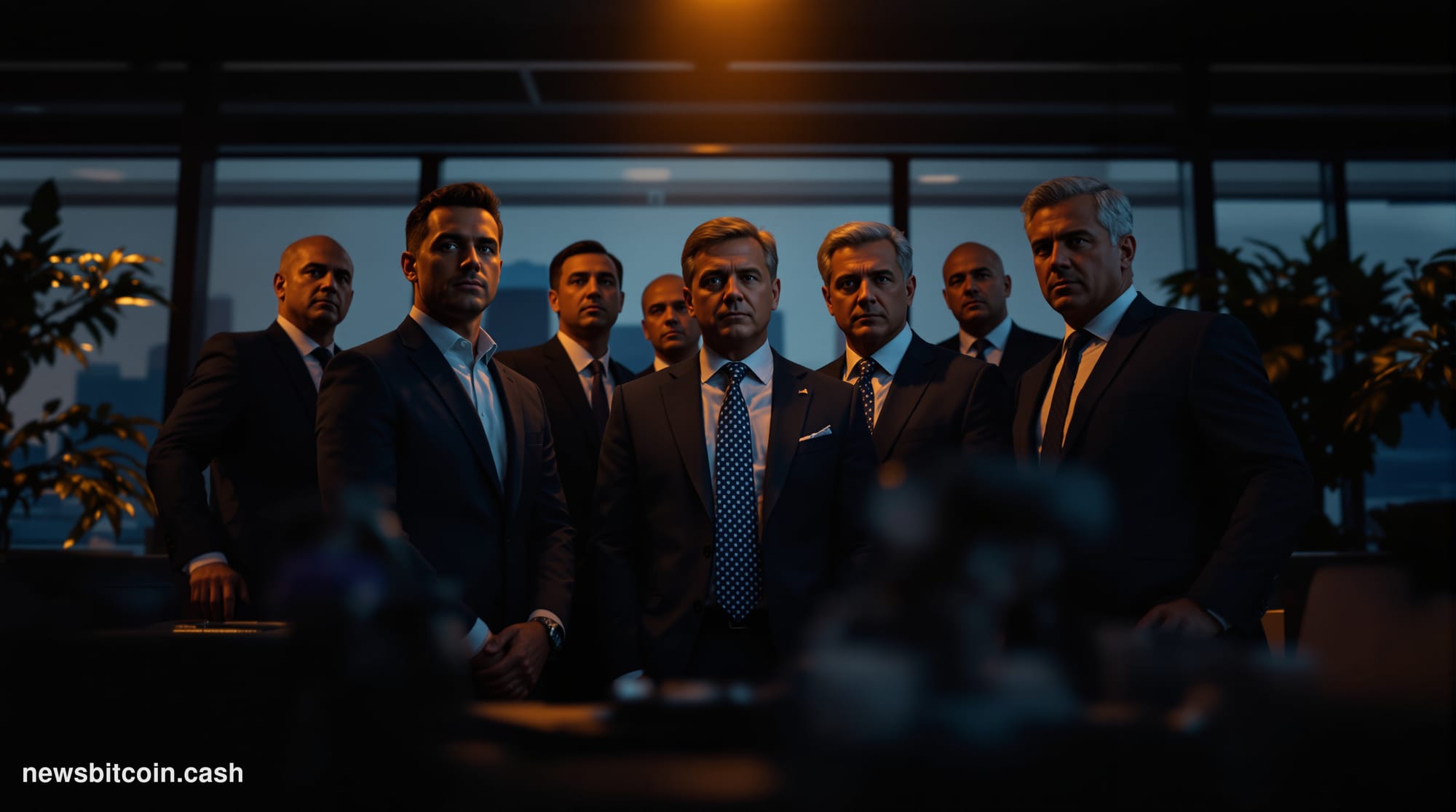 A cinematic photorealistic editorial photograph capturing the intersection of cryptocurrency and American politics during ele