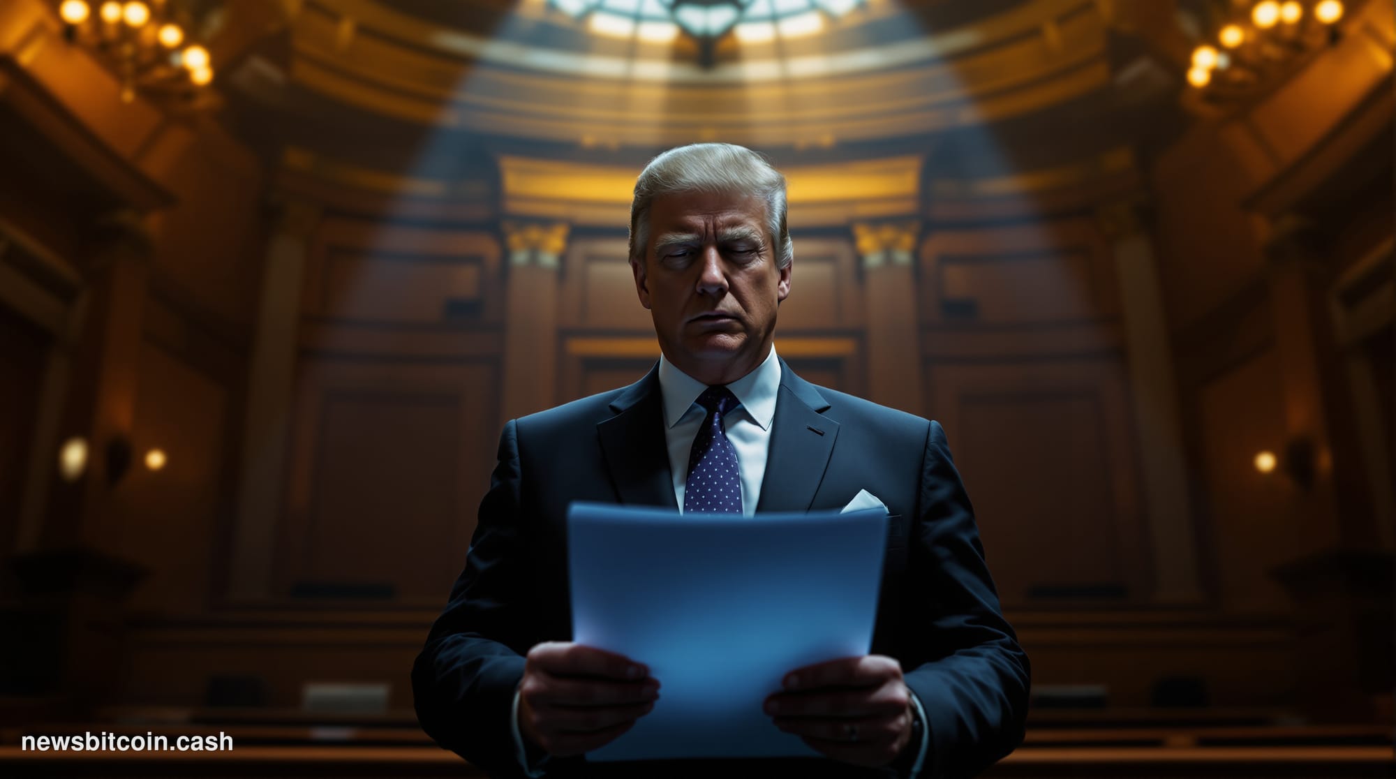 A dramatic photorealistic editorial photograph of the United States Supreme Court building in Washington D.C., shot from a lo