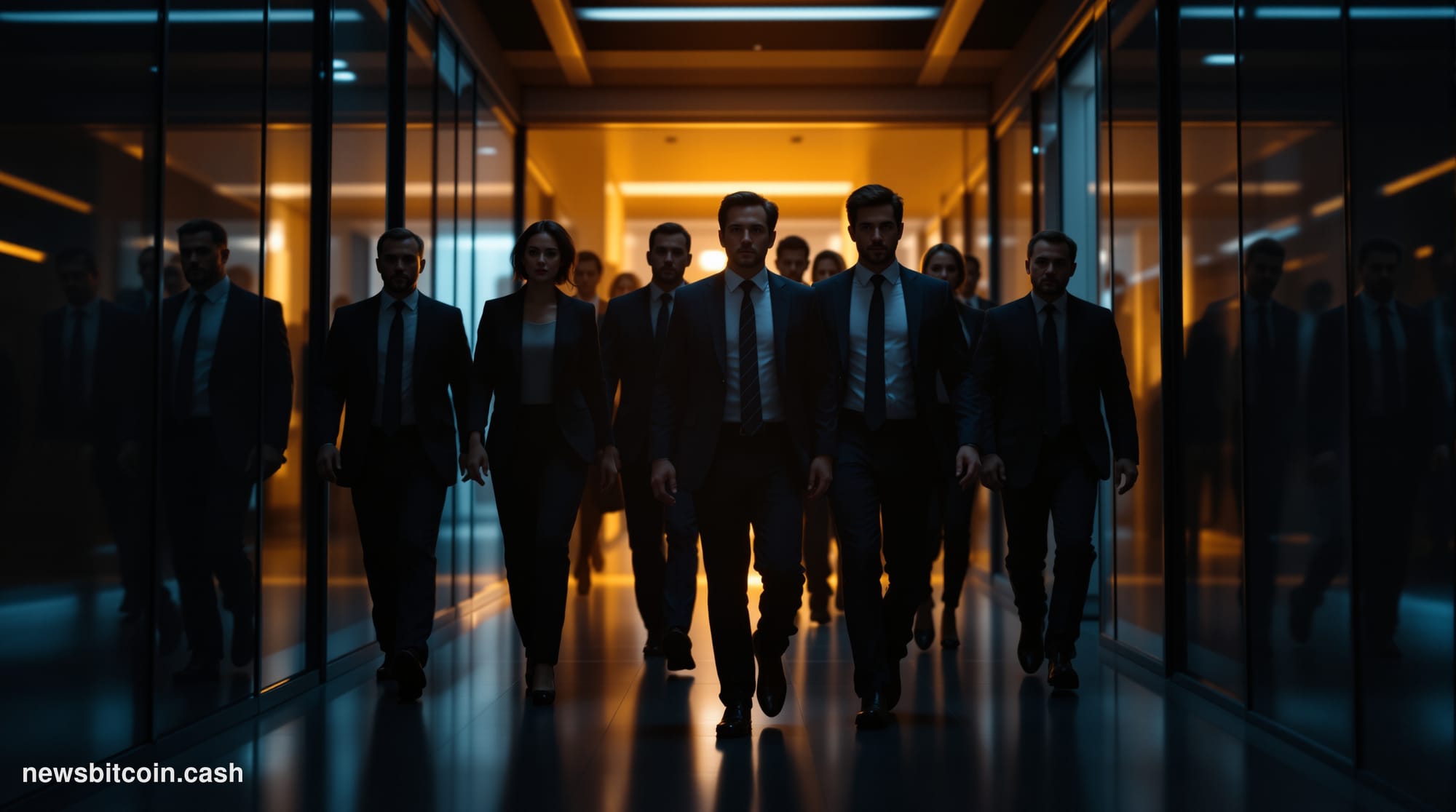 A cinematic photorealistic editorial photograph showing the exterior of a modern glass office building representing the Ether