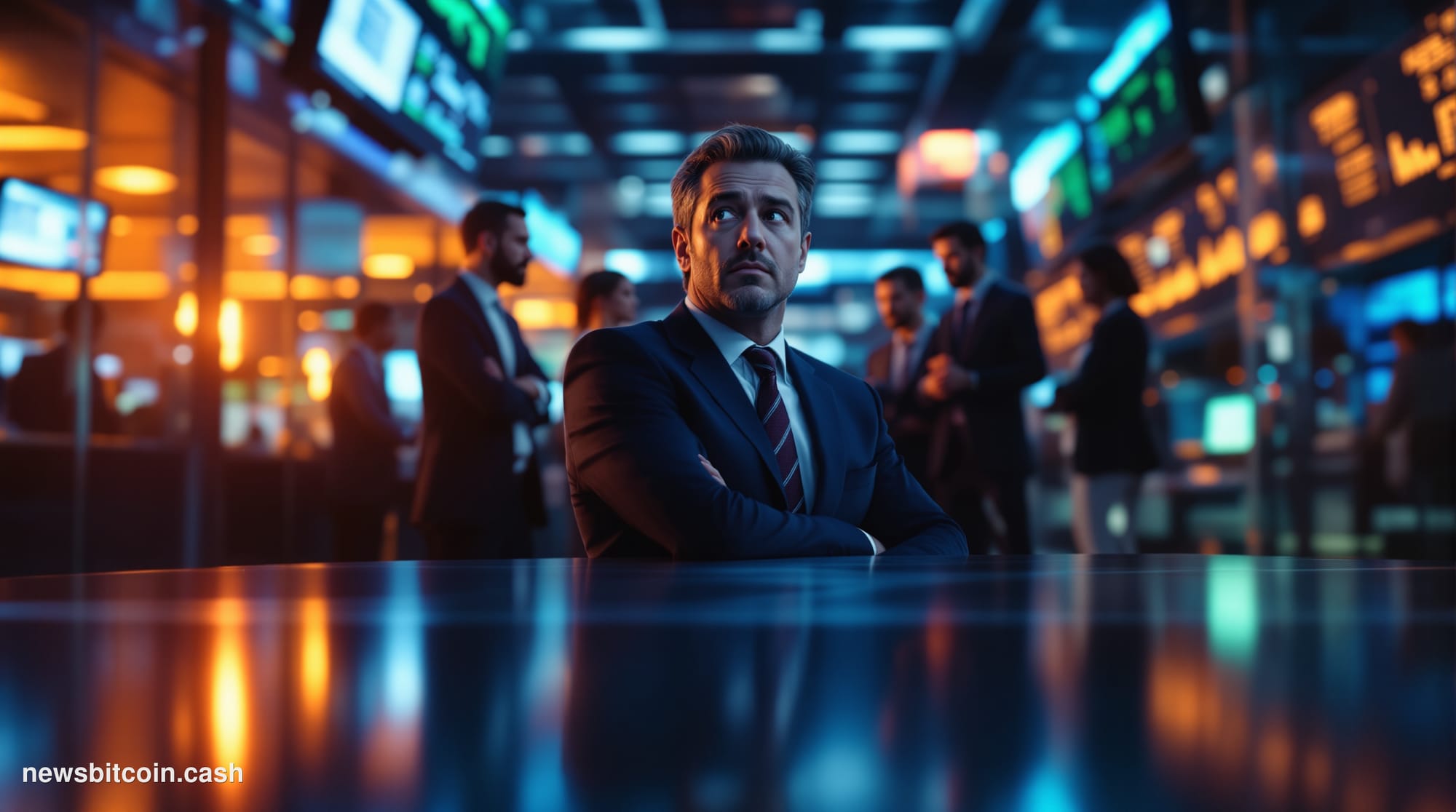 A cinematic photorealistic editorial photograph showing a modern cryptocurrency exchange trading floor in crisis mode, with m