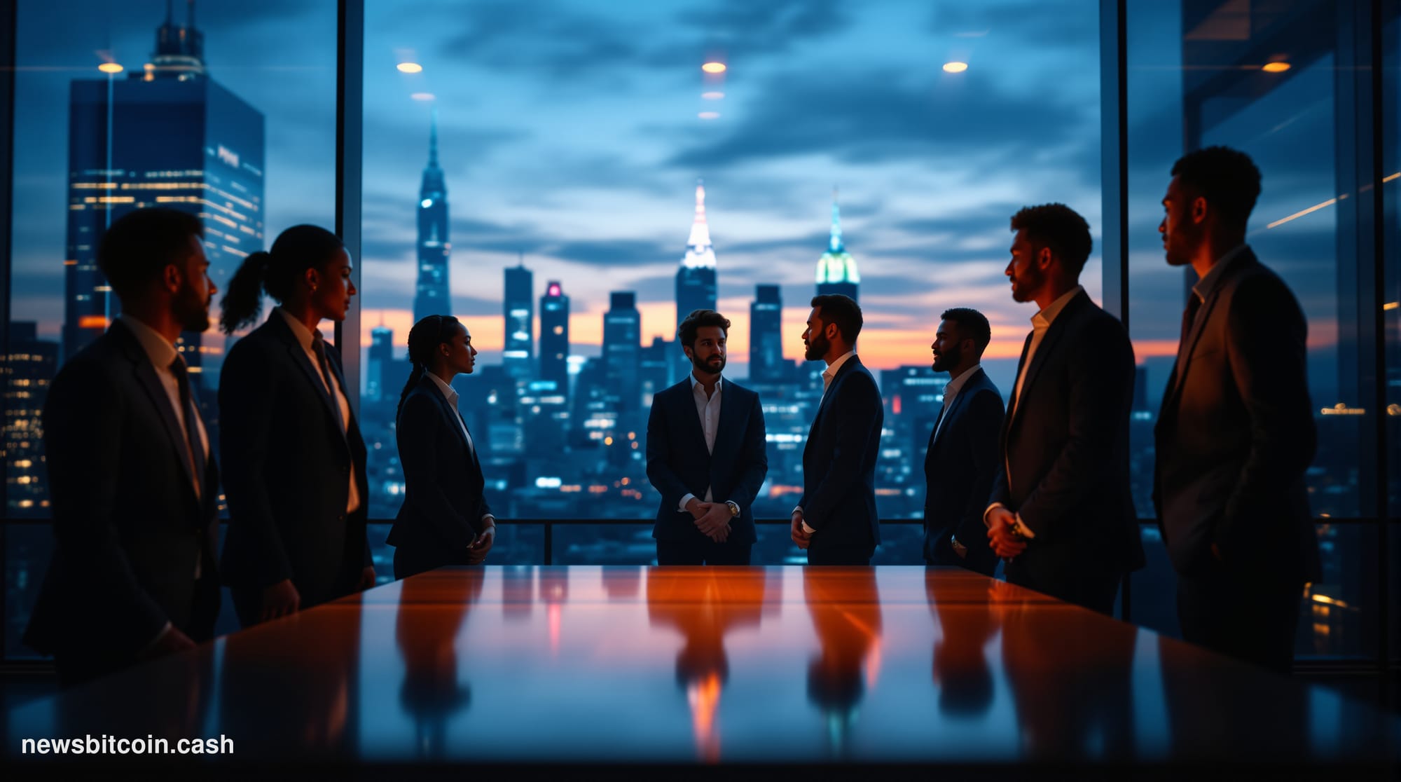 Cinematic photorealistic editorial photograph of a modern fintech company headquarters at golden hour, showing a sleek glass 