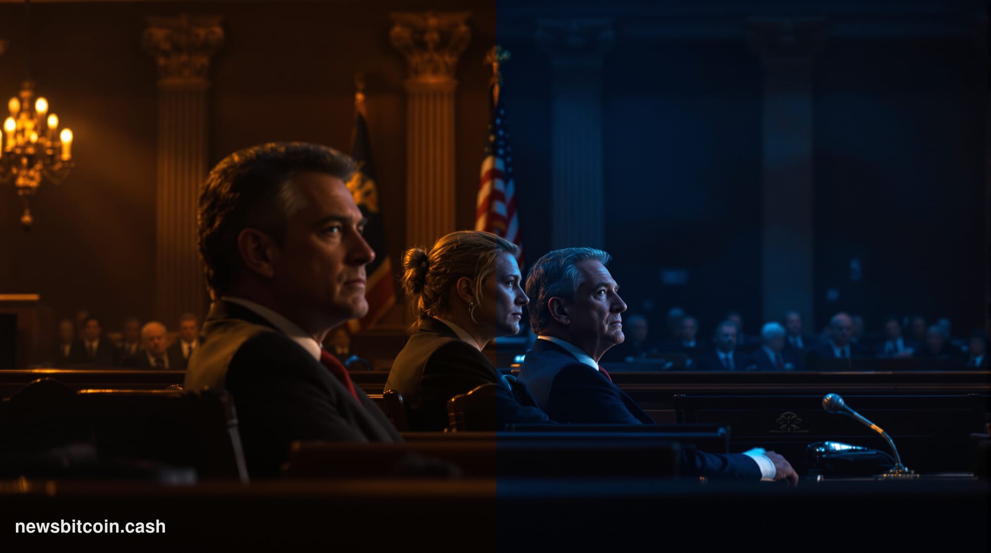 A cinematic photorealistic editorial photograph of the United States Capitol building's Senate chamber entrance, shot from a 