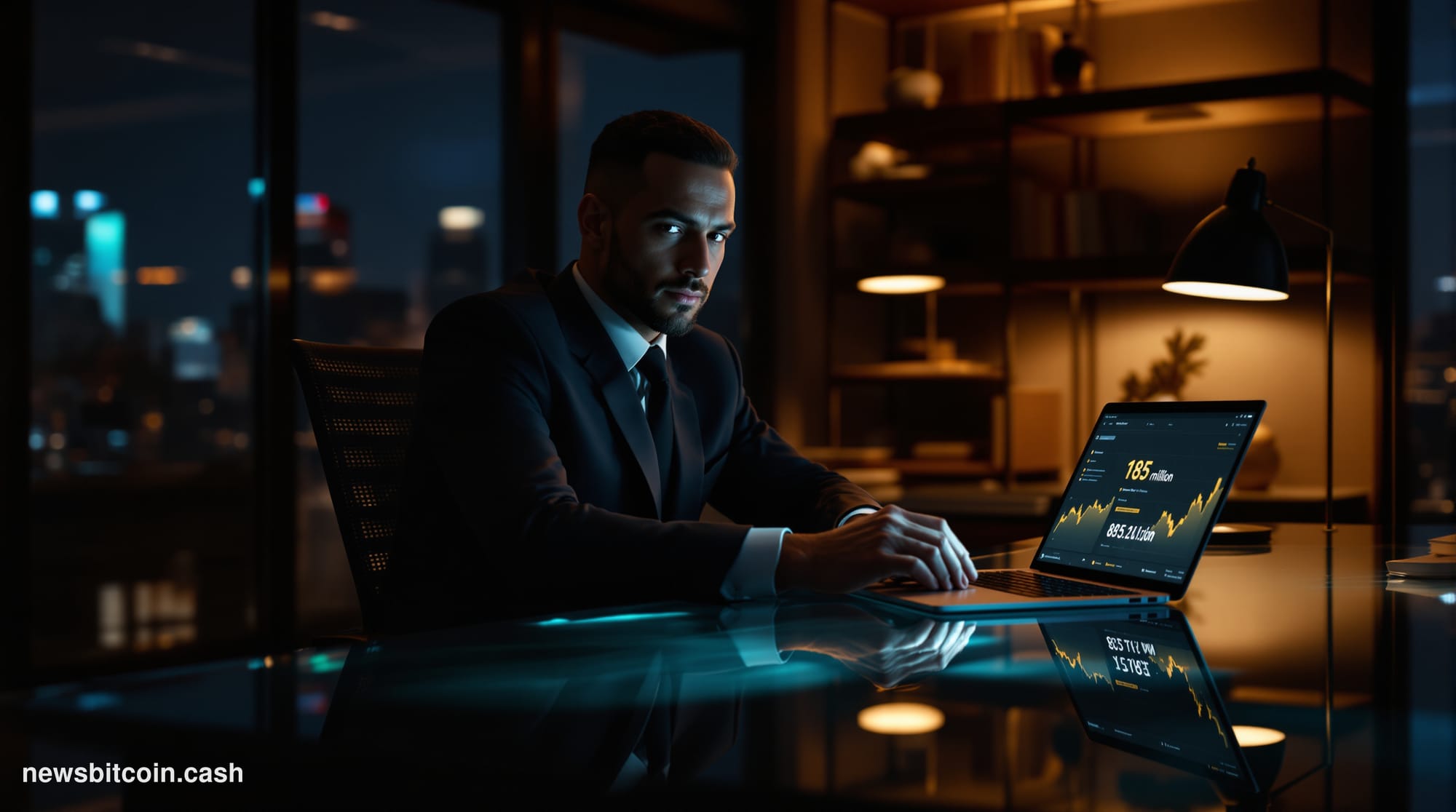 A cinematic photorealistic editorial photograph of a modern corporate headquarters building at dusk, with warm golden light e