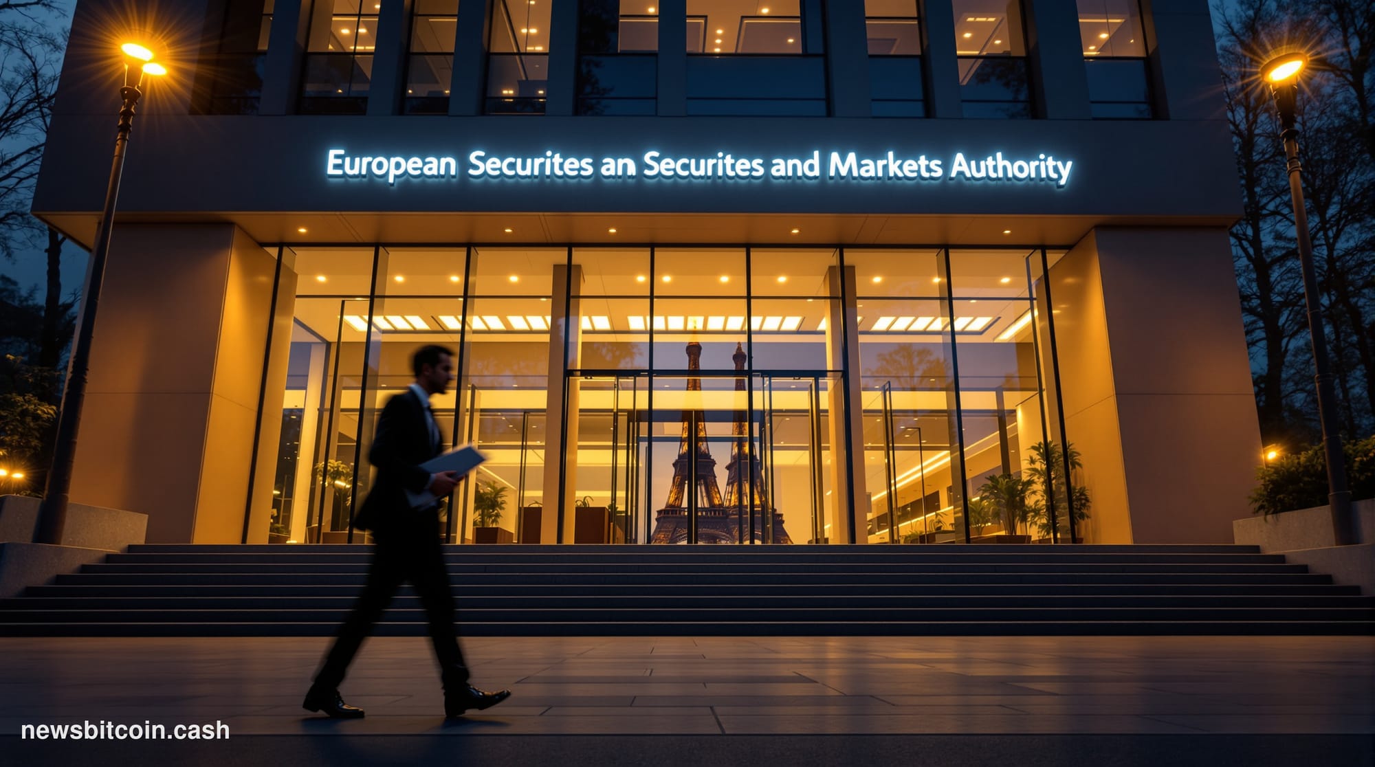 Cinematic photorealistic editorial photograph of the European Securities and Markets Authority headquarters in Paris, shot at