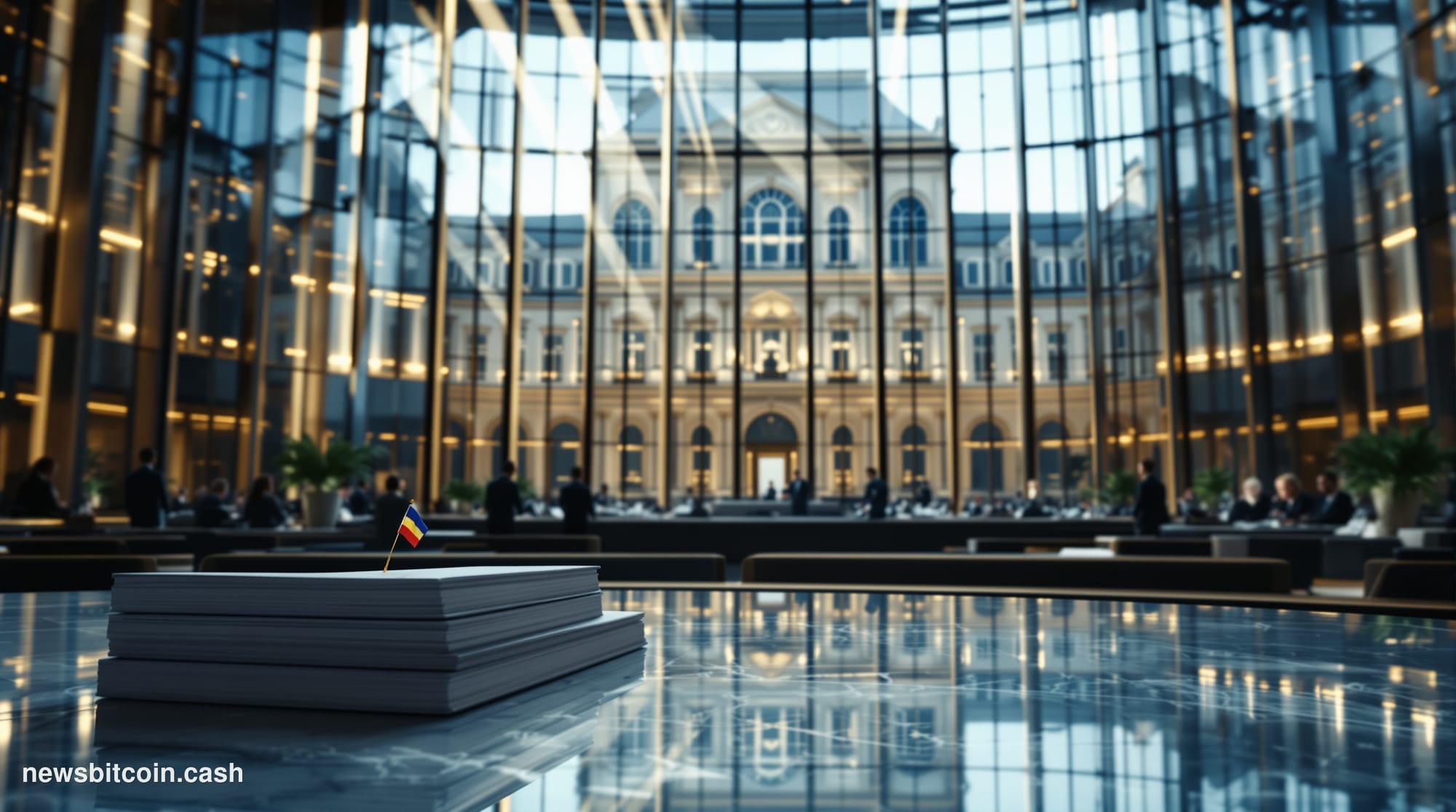 A cinematic photorealistic editorial photograph set inside a grand European institutional building — modeled on the glass-and