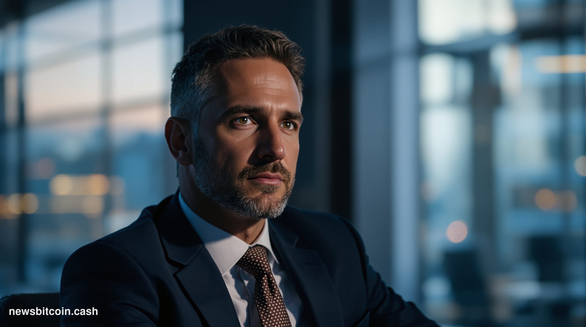 Cinematic photorealistic editorial photograph of a formal financial conference setting, shot from a low angle looking up at a