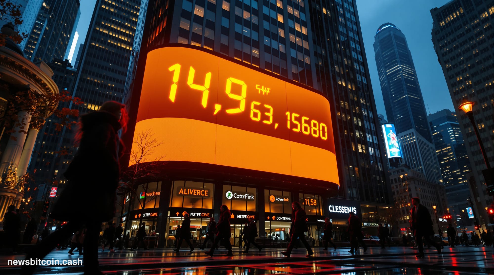 A cinematic photorealistic editorial photograph shot at ground level looking up at a massive financial district LED ticker bo