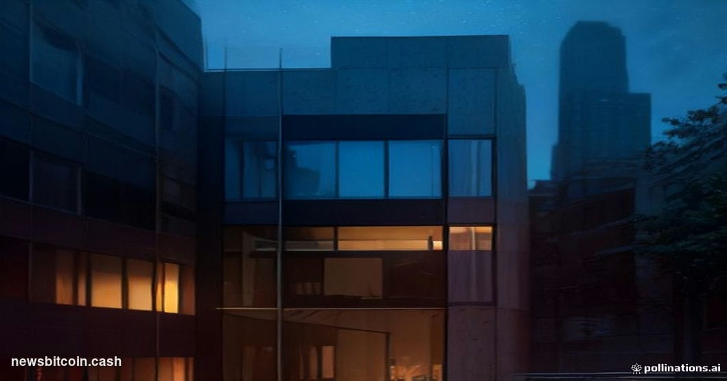 Cinematic photorealistic editorial photograph of a glowing Ethereum logo projected onto the glass facade of a modernist tech 