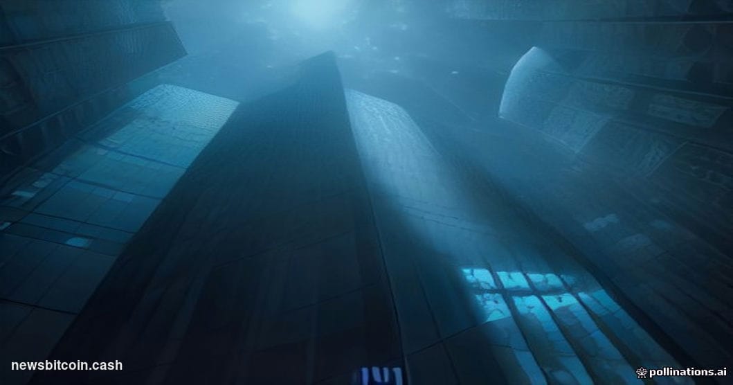 Cinematic photorealistic editorial photograph shot at low angle looking up at a glass-and-steel financial district building f
