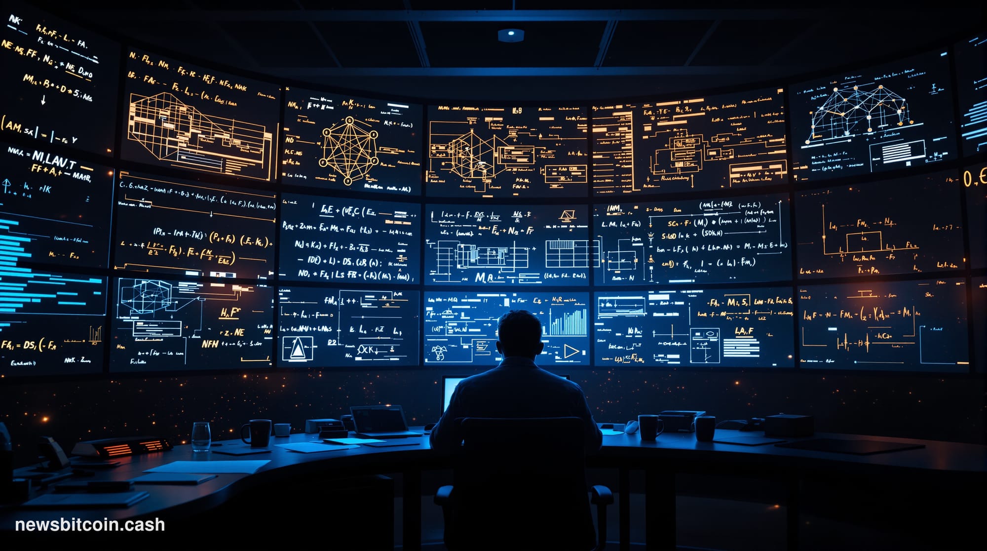 A cinematic photorealistic editorial photograph set in a dimly lit advanced research laboratory, with the warm glow of multip
