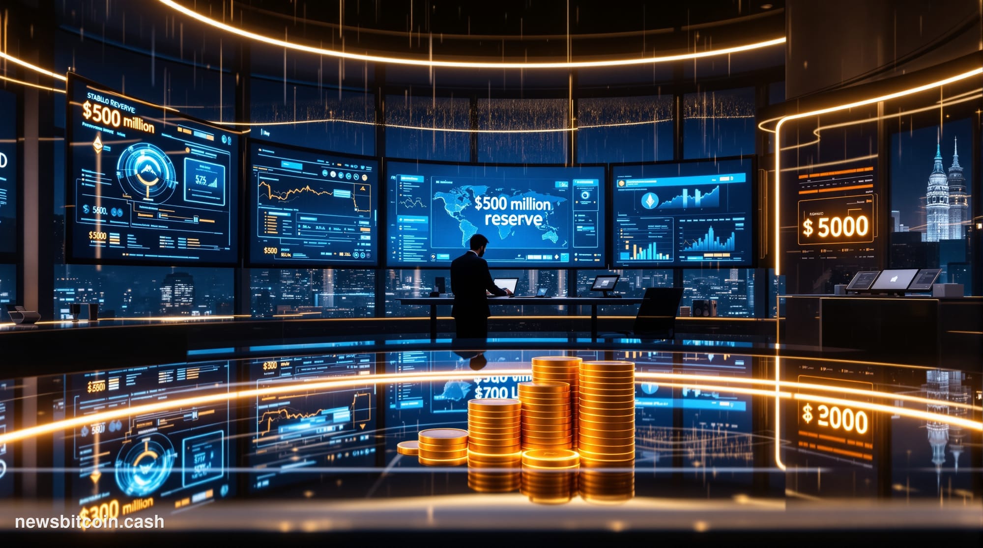 Cinematic photorealistic editorial photograph of a sleek financial technology operations center bathed in deep blue and amber