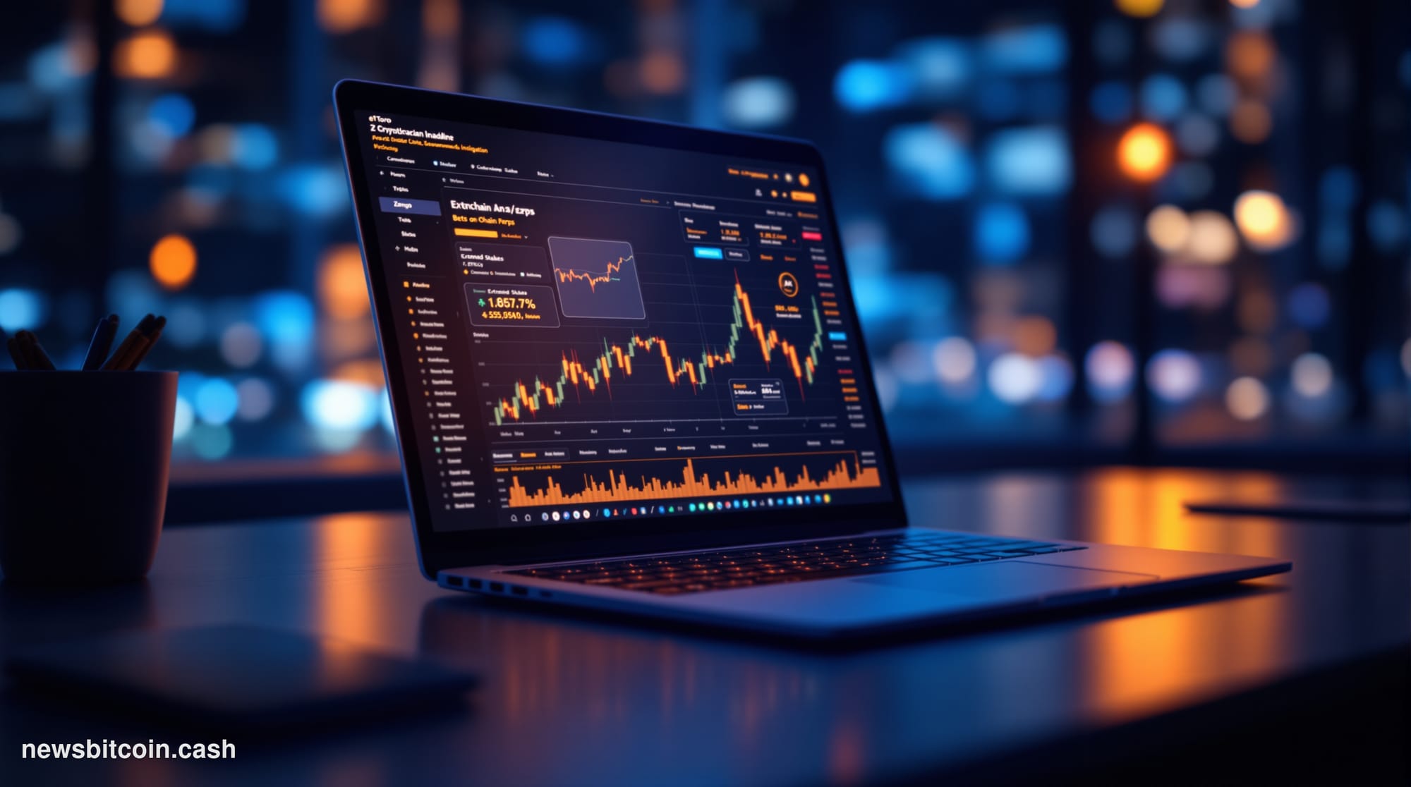 A cinematic photorealistic editorial photograph set inside a sleek, dimly lit trading operations room with multiple curved mo