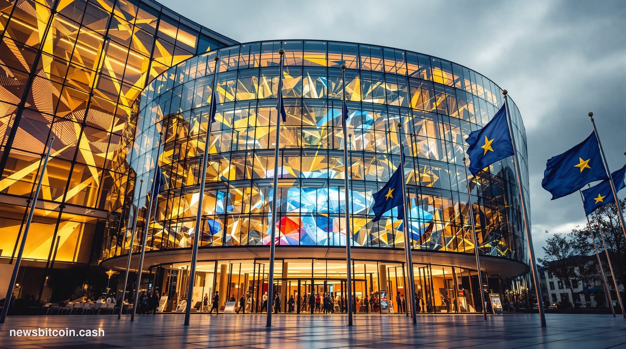 Cinematic photorealistic editorial photograph shot from a low angle looking up at European Union institutional architecture —