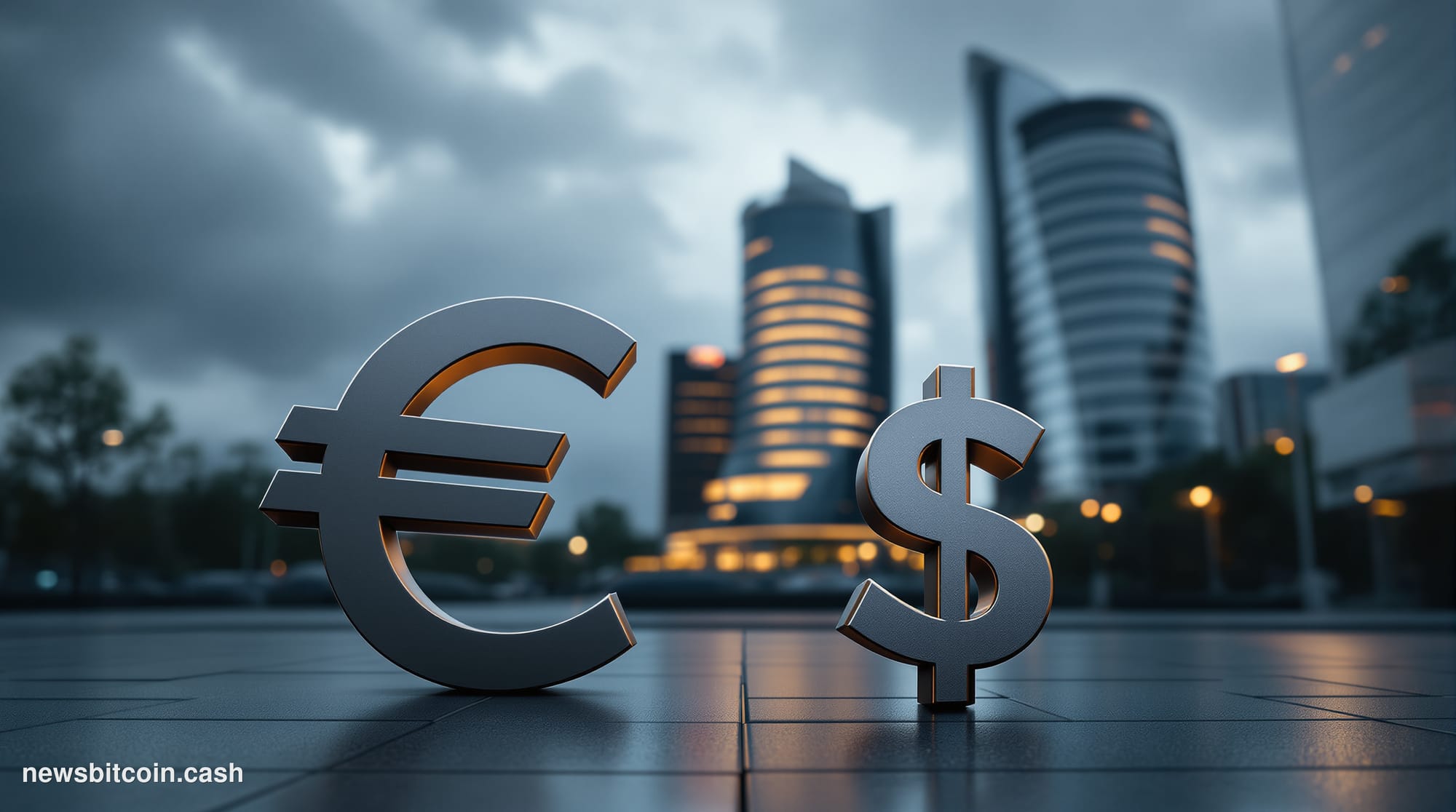 A cinematic photorealistic editorial photograph shot at ground level looking up at the European Central Bank headquarters in 