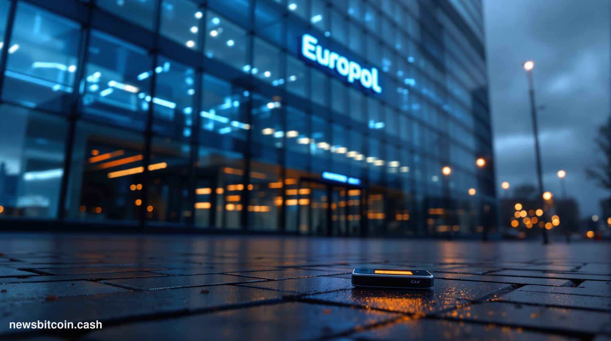 Cinematic photorealistic editorial photograph shot from a low angle looking up at the Europol headquarters building in The Ha