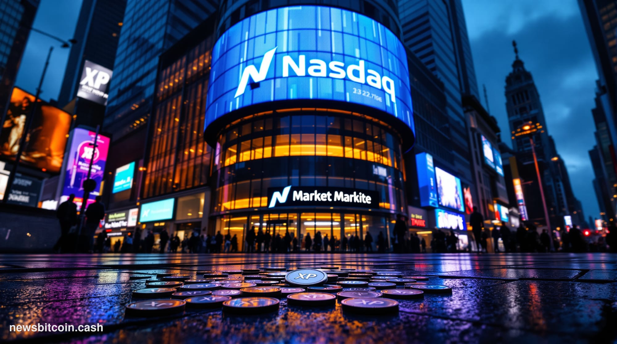 A cinematic photorealistic editorial photograph of the Nasdaq MarketSite tower in Times Square, New York City, shot from a lo