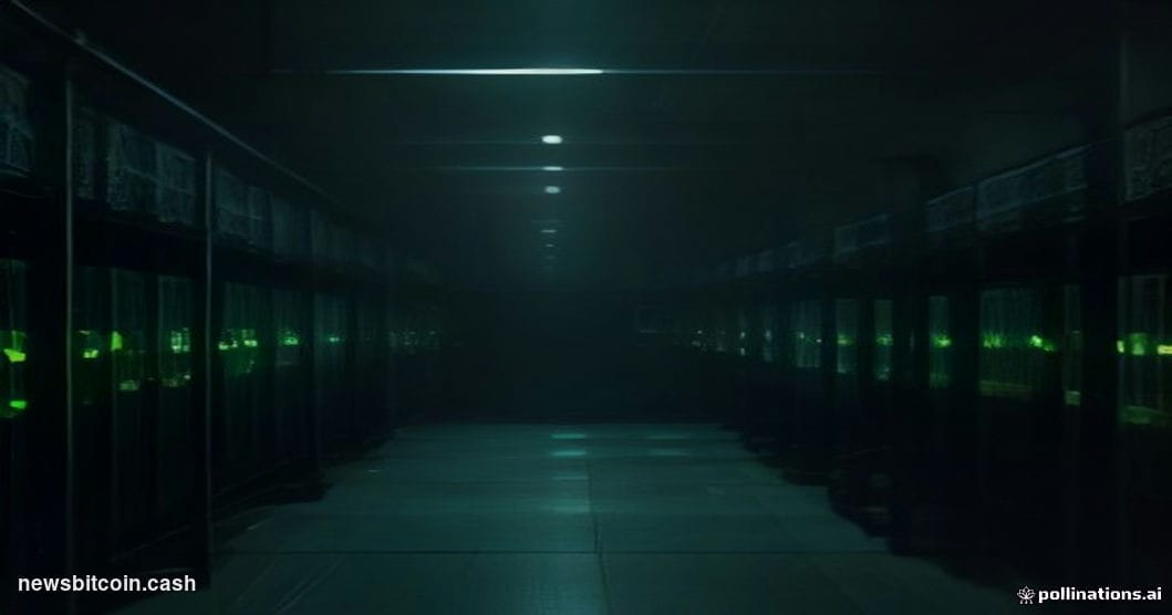 A cinematic photorealistic editorial photograph set in a dimly lit server room with rows of blinking rack servers fading into