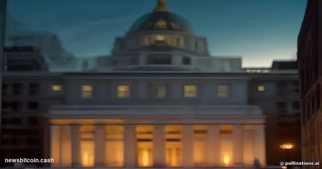 Cinematic photorealistic editorial photograph of the Federal Reserve's Eccles Building in Washington D.C., captured at dusk w