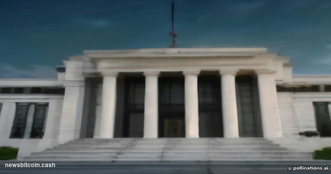Cinematic photorealistic editorial photograph of the Federal Reserve's Eccles Building in Washington D.C. captured at dusk, i