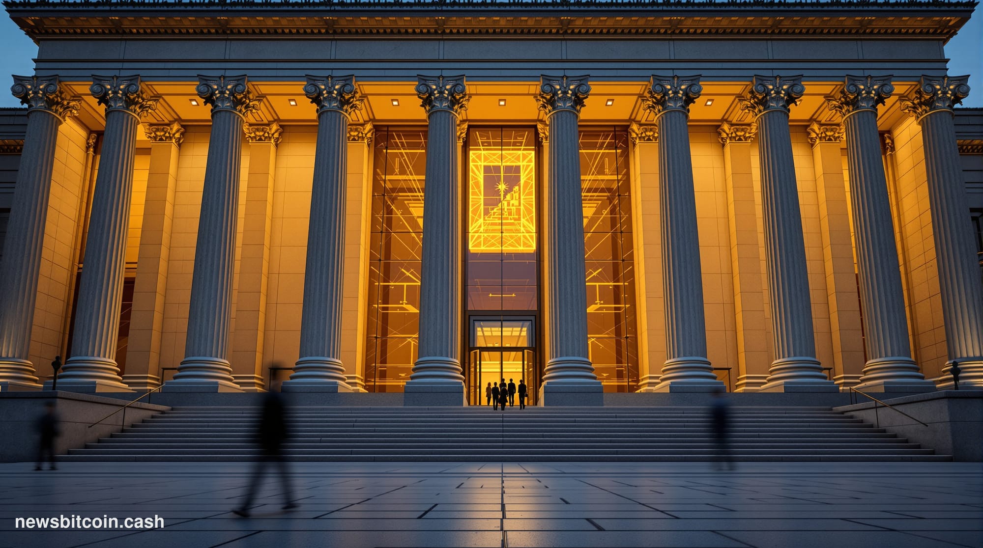 Cinematic photorealistic editorial photograph of the Federal Reserve Building in Washington D.C. — the neoclassical marble fa