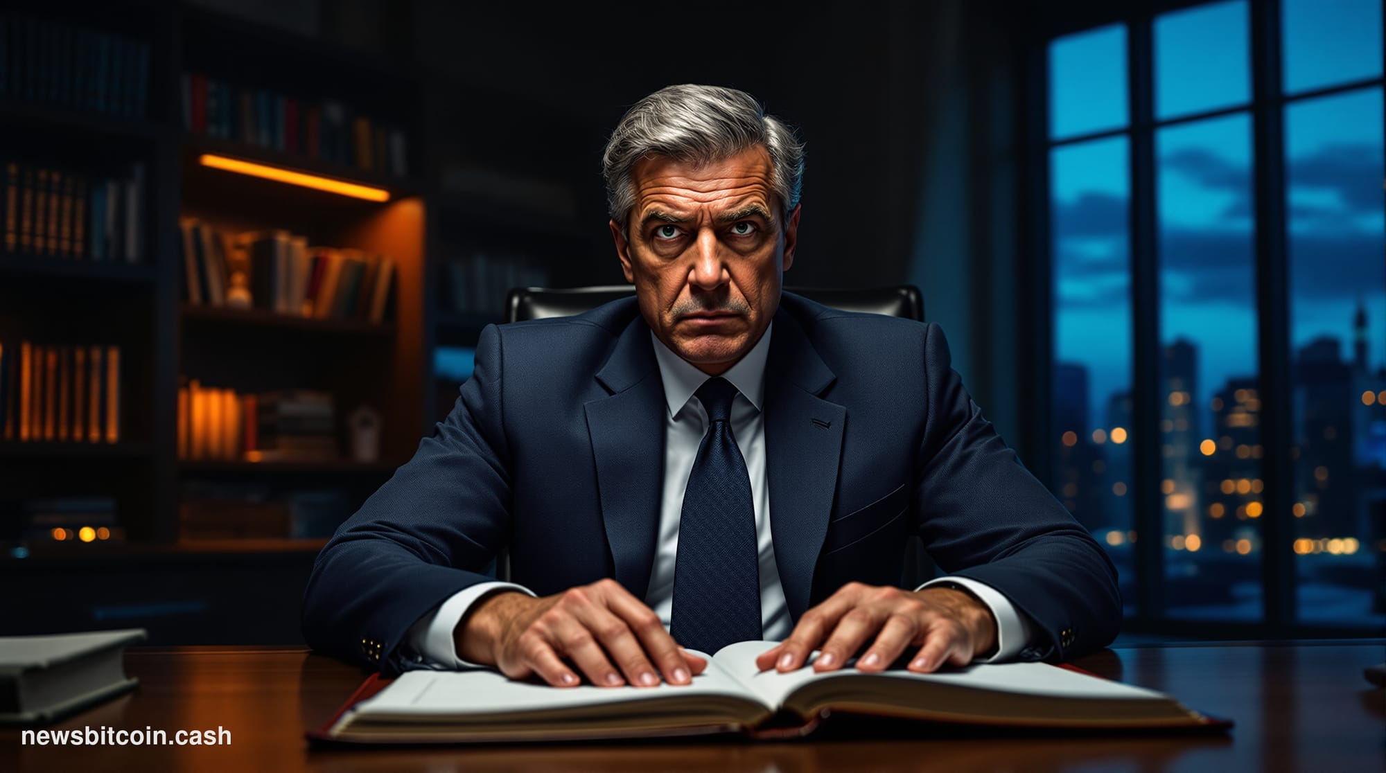 Cinematic photorealistic editorial photograph of the Federal Reserve Building in Washington D.C. shot from a low dramatic ang